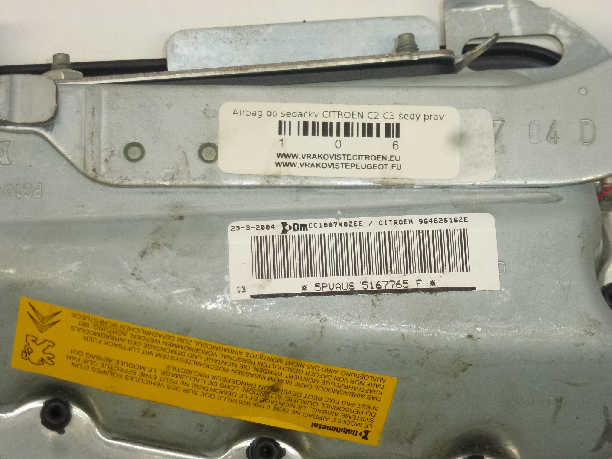 Poduszka powietrzna fotela jasnoszara prawa Citroën C2 C3 96462516ZE 8216AQ