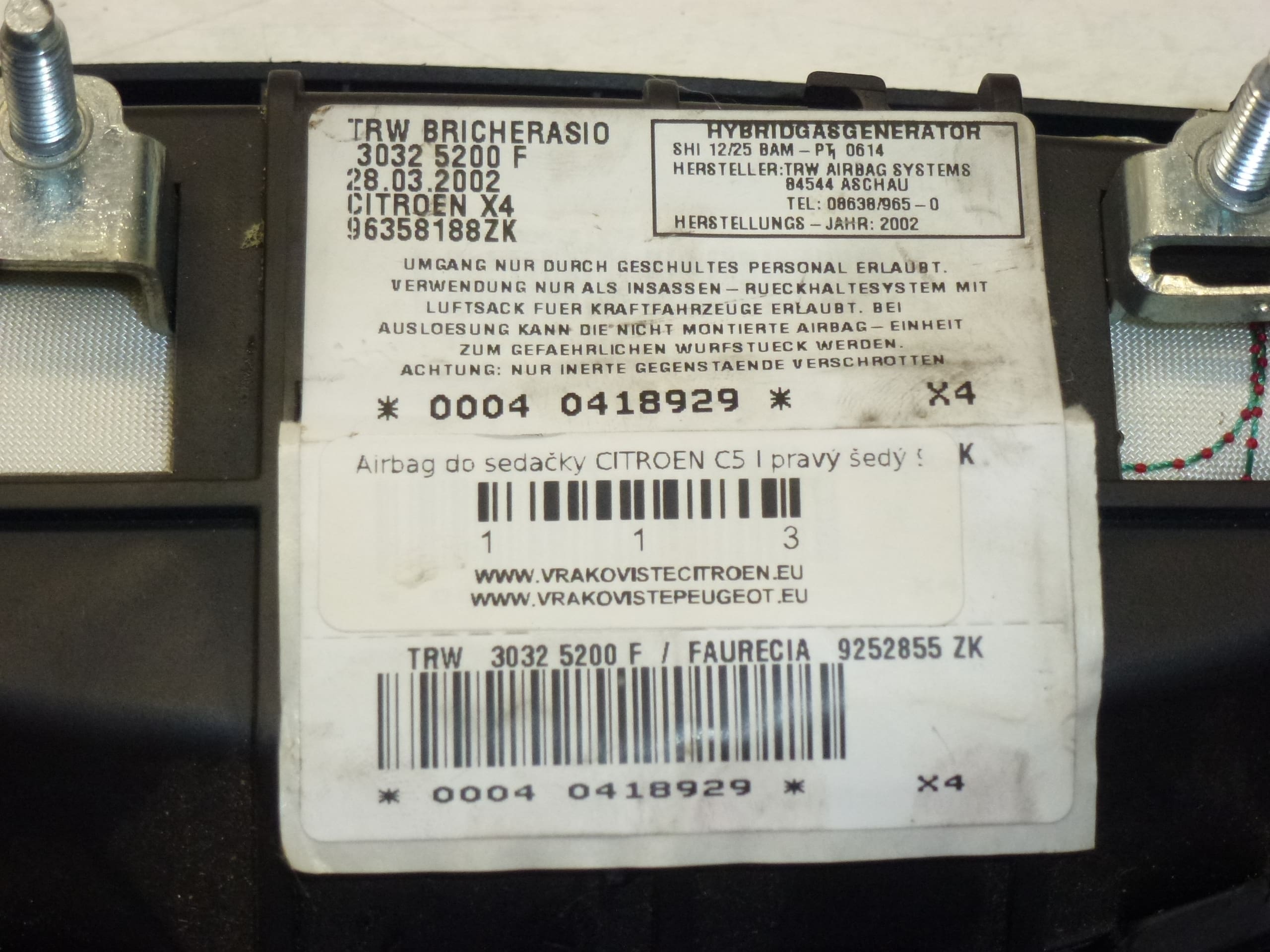 Poduszka Powietrzna Siedzenia Pasażera Citroën C5 96358188ZK 96391352ZK 8216K3 - obrazek 2